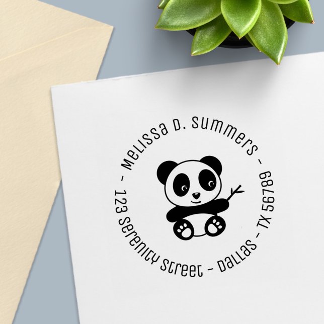 Cute Little Panda Bamboo Round Address 2 Self-inking Stamp (Creator Uploaded)