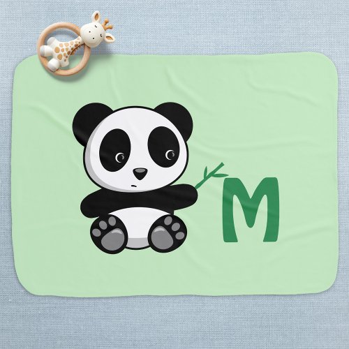 Cute Little Panda Bamboo Stick Monogram Green Baby Blanket