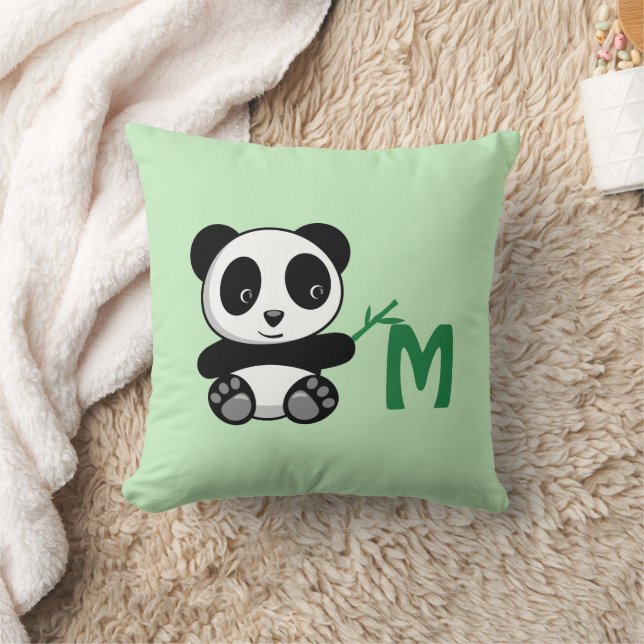 Cute Little Panda Bamboo Stick Monogram Green Throw Pillow (Blanket)