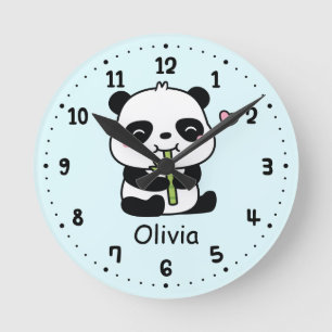 Cute Little Panda Bear and Bamboo, Kids Room Round Clock