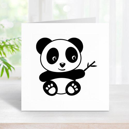 Cute Little Panda Holding a Bamboo Stick Rubber Stamp