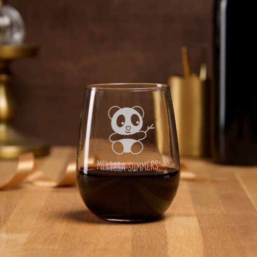 Cute Little Panda Holding Bamboo Custom Name Stemless Wine Glass