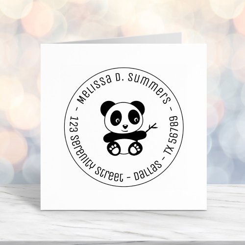 Cute Little Panda Holding Bamboo Round Address Self_inking Stamp