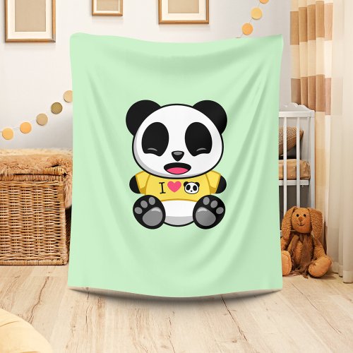 Cute Little Panda In Yellow T_shirt on Green Fleece Blanket