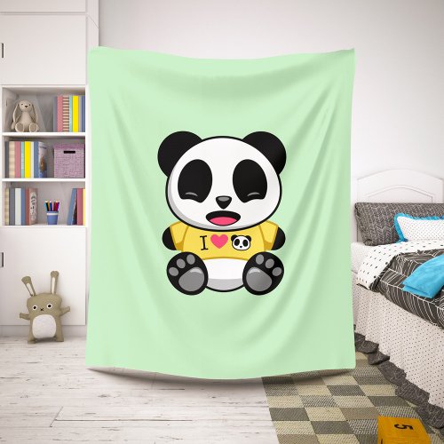 Cute Little Panda In Yellow T_shirt on Green Sherpa Blanket