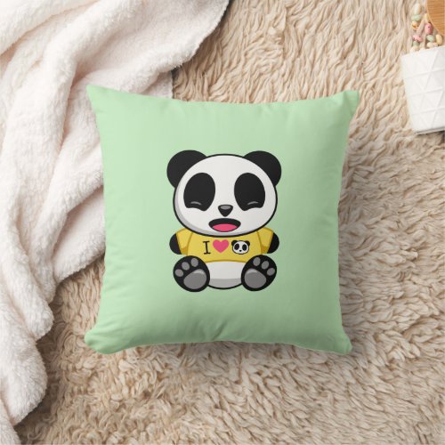 Cute Little Panda In Yellow T_shirt on Green Throw Pillow