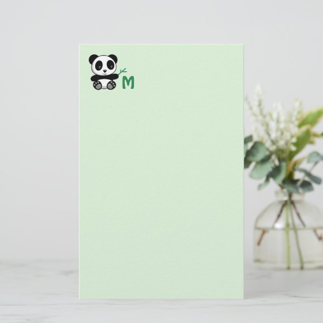 Cute Little Panda with a Bamboo Monogram Green Stationery (Standing Front)
