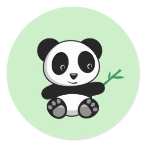 Cute Little Panda with a Bamboo Stick Green Classic Round Sticker