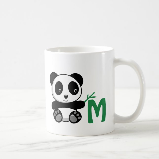 Cute Little Panda with a Bamboo Stick Monogram Coffee Mug (Right)