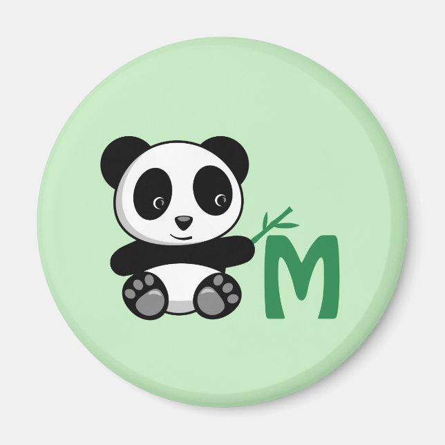 Cute Little Panda with a Bamboo Stick Monogram Magnet (Front)