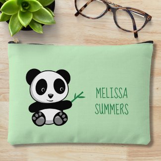 Cute Little Panda with a Bamboo Stick on Green