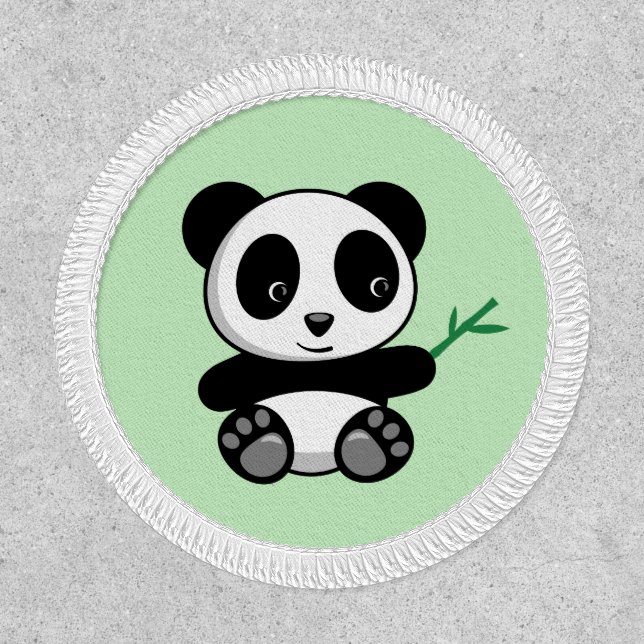 Cute Little Panda with a Bamboo Stick on Green Patch (Front)