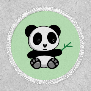 Cute Little Panda with a Bamboo Stick on Green Patch