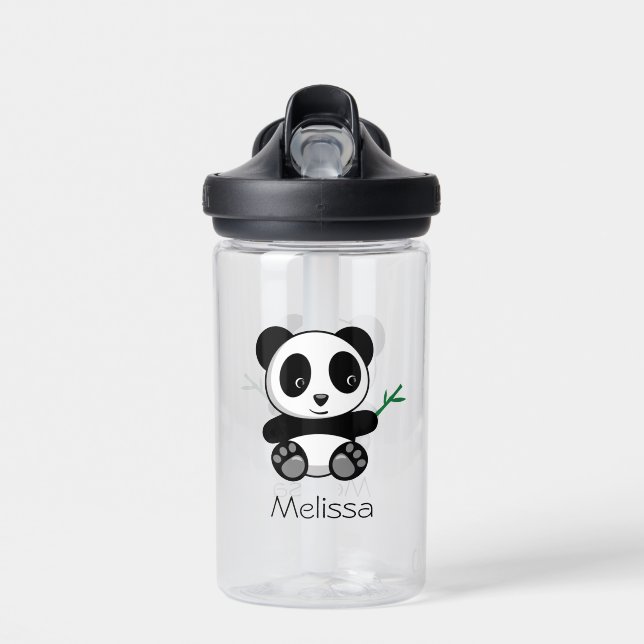 Cute Little Panda with a Bamboo Stick Water Bottle (Front)