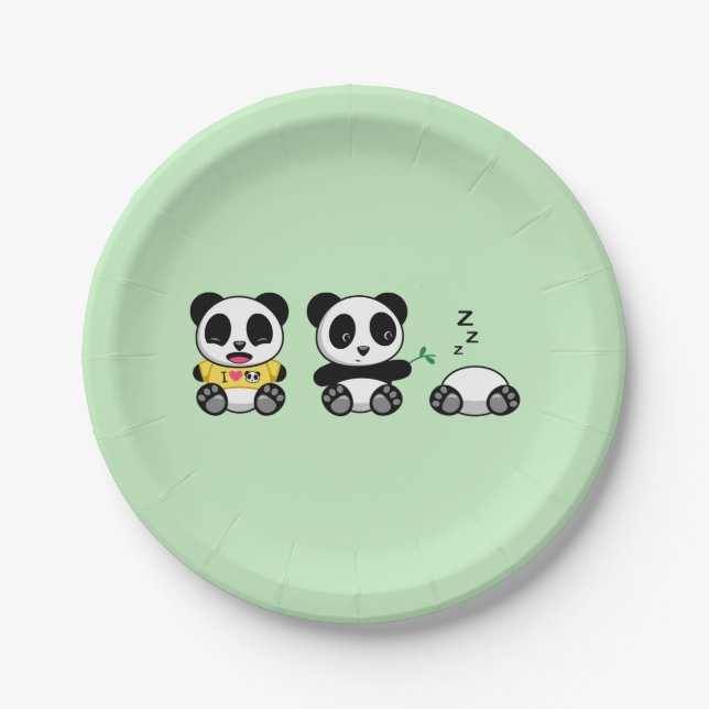Cute Little Pandas on Green Paper Plates (Front)