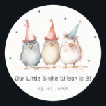 Cute Little Party Birds Any Age Kids Birthday Classic Round Sticker<br><div class="desc">If you need any further customisation please feel free to message me on yellowfebstudio@gmail.com.</div>