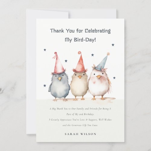 Cute Little Party Birds Watercolor Kids Birthday Thank You Card