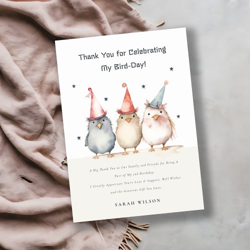 Cute Little Party Birds Watercolor Kids Birthday Thank You Card