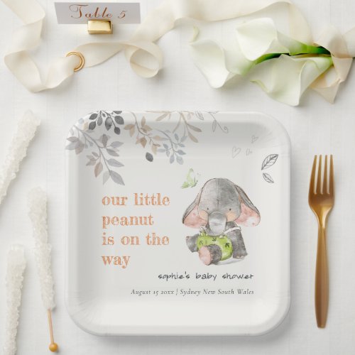 Cute Little Peanut Elephant Foliage Baby Shower Paper Plates
