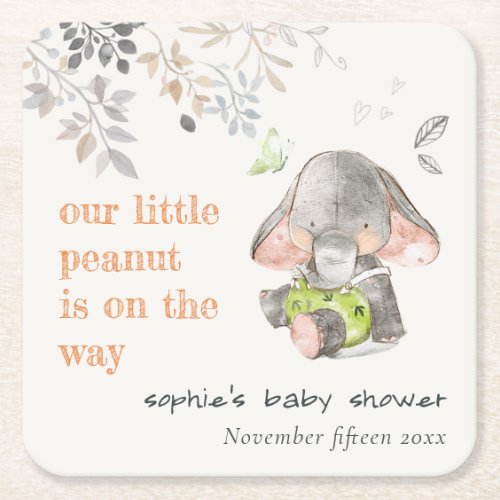 Cute Little Peanut Elephant Foliage Baby Shower Square Paper Coaster