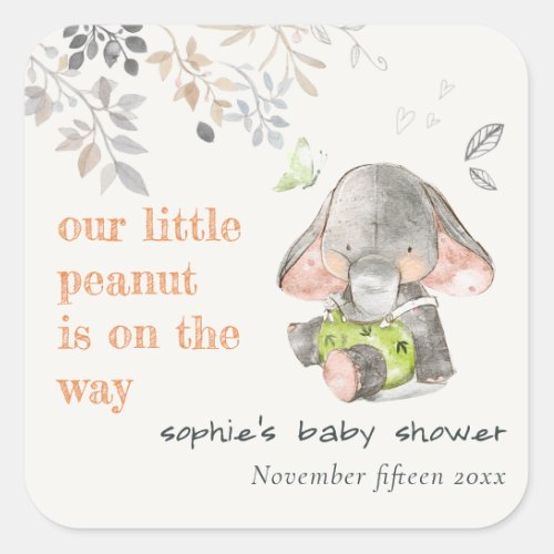 Cute Little Peanut Elephant Foliage Baby Shower Square Sticker