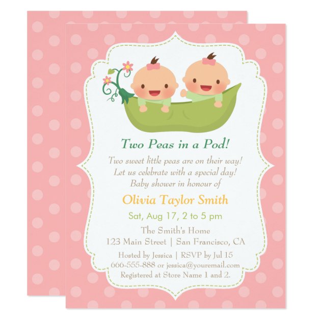Cute Little Peas In A Pod Twin Girls Baby Shower Invitation
