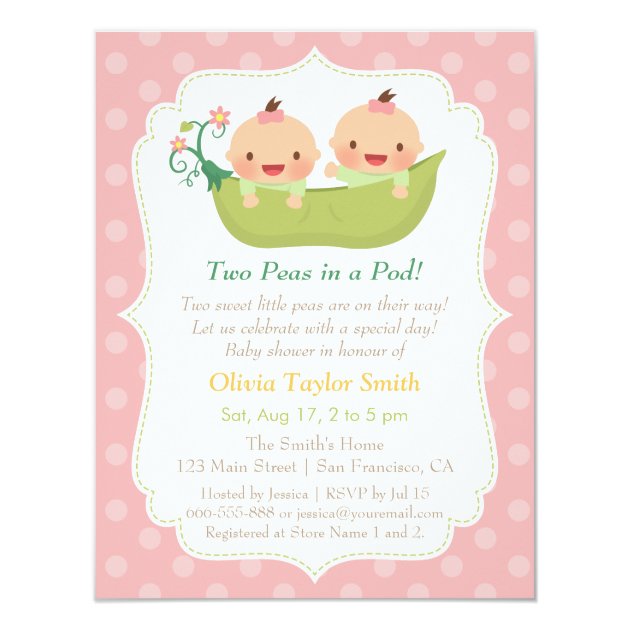 Cute Little Peas In A Pod Twin Girls Baby Shower Invitation