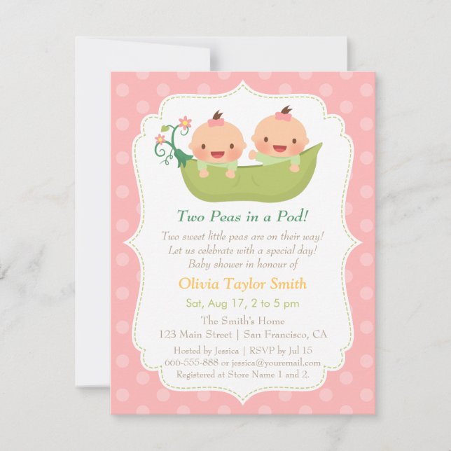 Cute Little Peas in a Pod Twin Girls Baby Shower Invitation (Front)