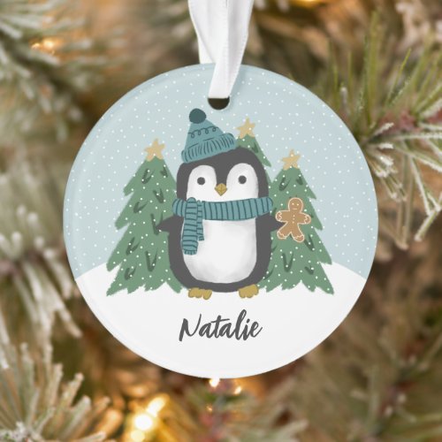 Cute Little Penguin and Cookie  Name Ornament