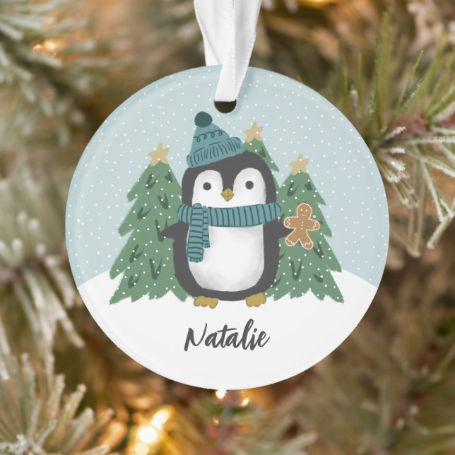Cute Little Penguin and Cookie | Name Ornament (Tree)
