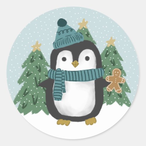 Cute Little Penguin and Gingerbread Man Christmas  Classic Round Sticker