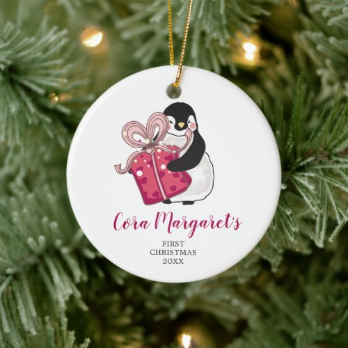 Cute Little Penguin Babys First Christmas Name Ceramic Ornament