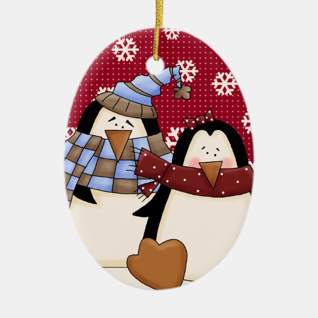 Cute Little Penguin Couple Ceramic Ornament (Front)
