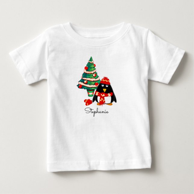 Cute Little Penguin | Custom Name Christmas Gift Baby T-Shirt (Front)