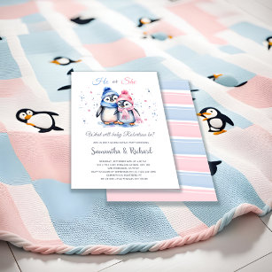 Cute Little Penguin He or She Winter Gender Reveal Invitation