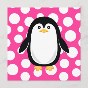 Cute Little Penguin Pink Polka Dot Fun Invitation