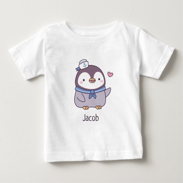 Cute Little Penguin Sailor Crew Personalized Name Baby T-Shirt (Front)