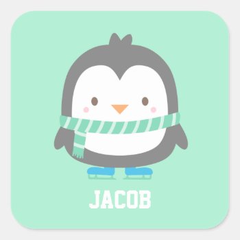 Cute Little Penguin With Winter Scarf For Kids Square Sticker by RustyDoodle at Zazzle