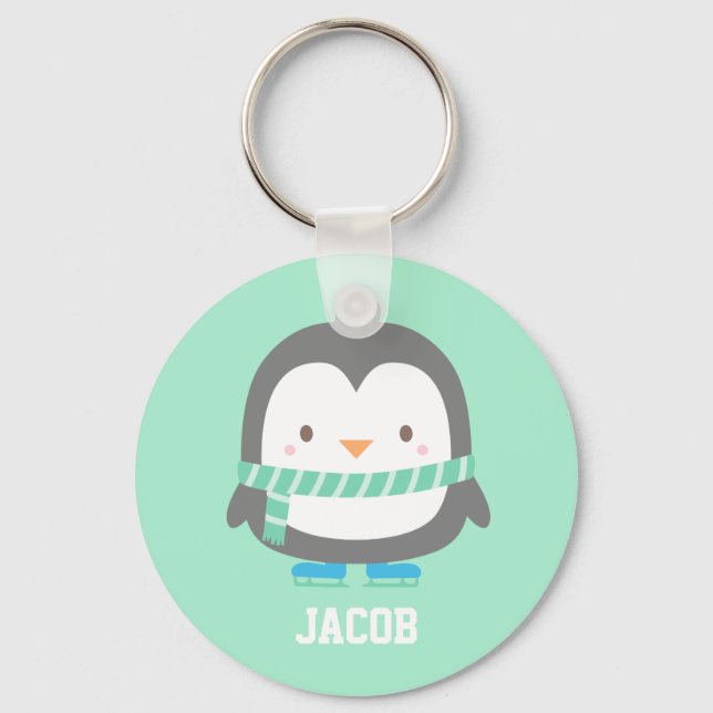 Cute Little Penguin with Winter Scarf Personalized Keychain (Front)