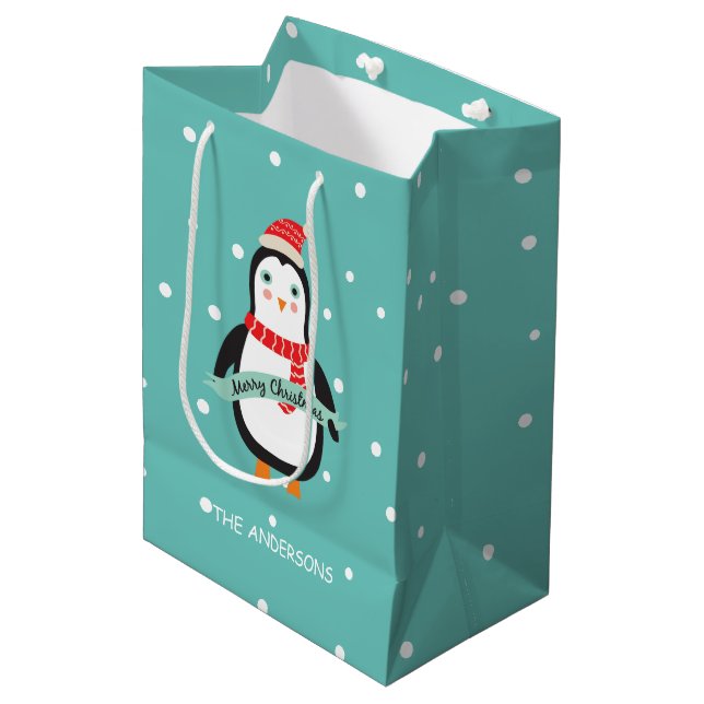 Cute little Penquin "Merry Christmas" Personalized Medium Gift Bag (Front Angled)