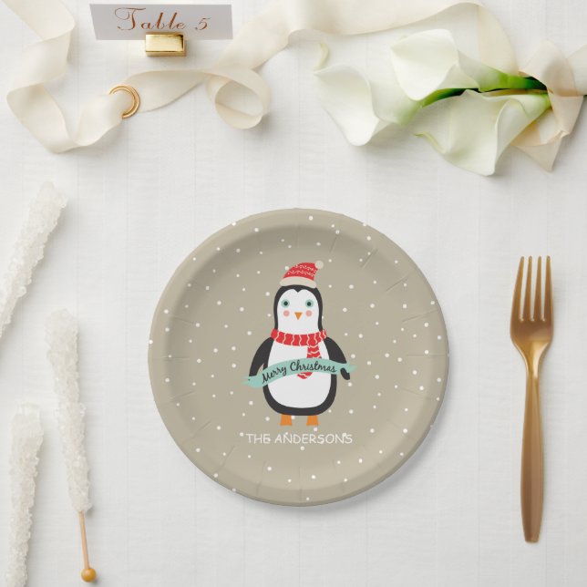 Cute little Penquin "Merry Christmas" Personalized Paper Plates (Wedding)