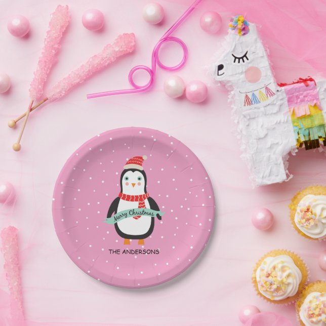 Cute little Penquin "Merry Christmas" Personalized Paper Plates (Party)