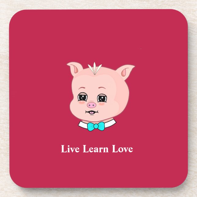 Cute little pig cartoon, calligraphy on burgundy beverage coaster (Front)