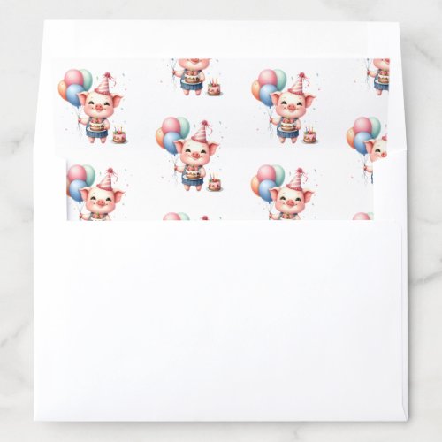 Cute Little Pig Holding Balloons and Birthday Cake Envelope Liner