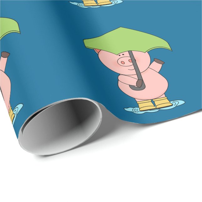 Cute little pig holding umbrella baby shower wrapping paper (Roll Corner)