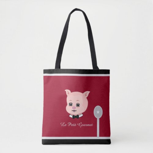 Cute Little Pig on Burgundy Red  Black Tote Bag