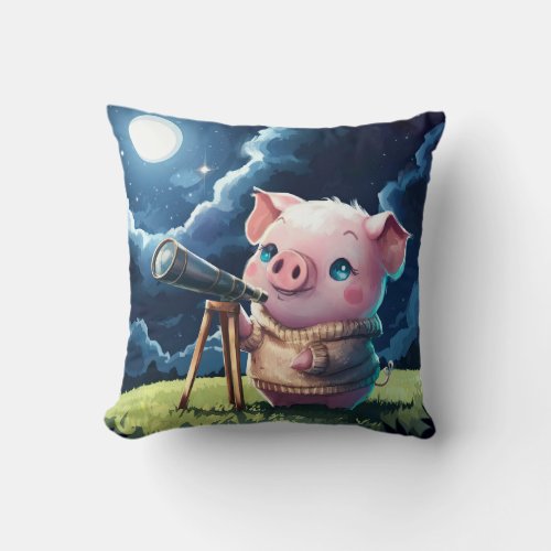 Cute Little Pig uses Telescope to See Night Space  Throw Pillow