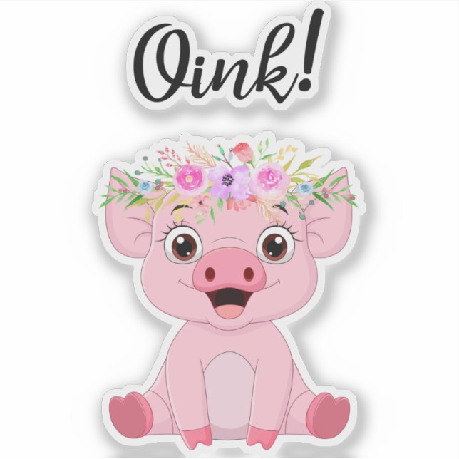 Cute Little Pig with a Floral Crown Sticker (Front)
