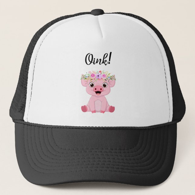 Cute Little Pig with a Floral Crown Trucker Hat (Front)