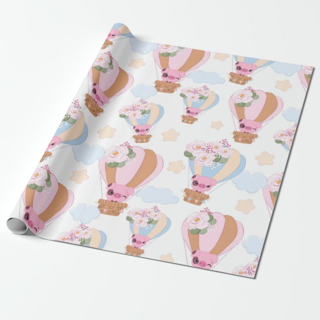 Cute Little Piggy Balloon Ride  Wrapping Paper (Unrolled)